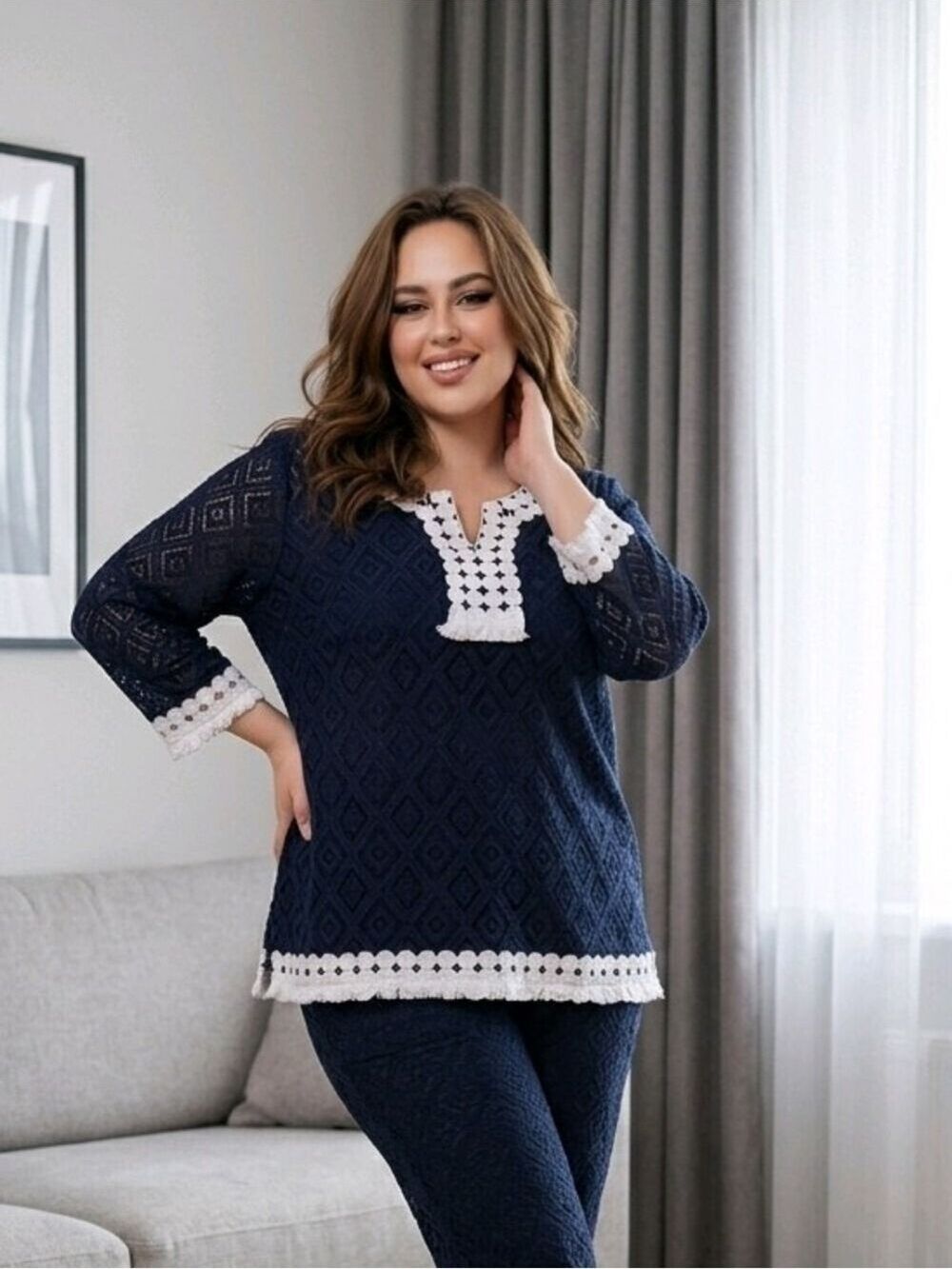 Navy Blue 3/4 Sleeve Blouse - Large, White Trim
